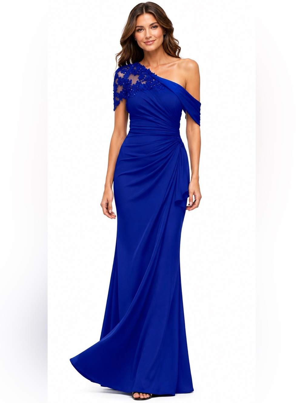 Royal Blue One Shoulder Formal Gown Lace Corset Back Wedding Guest Dress 6 NWT
